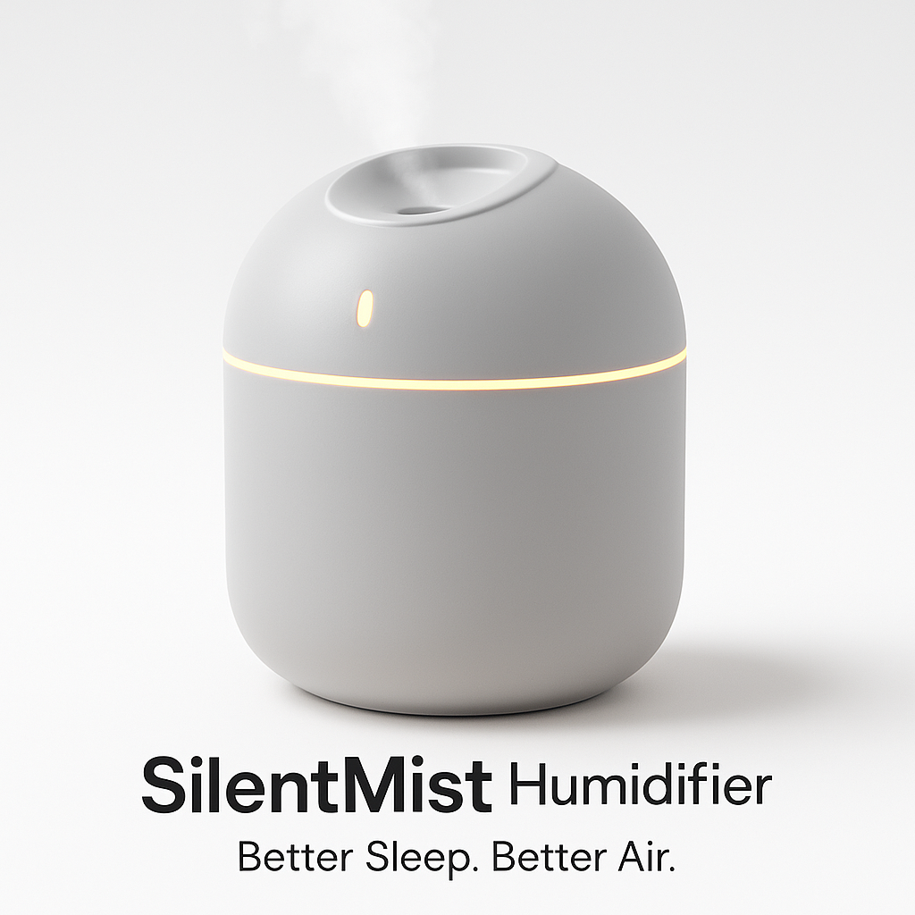 SilentMist humidifier on a white background with text 'Better Sleep. Better Air.'