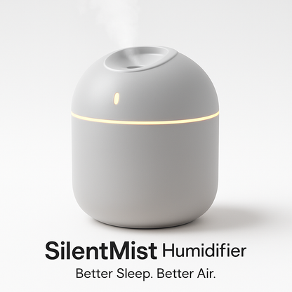 SilentMist humidifier on a white background with text 'Better Sleep. Better Air.'