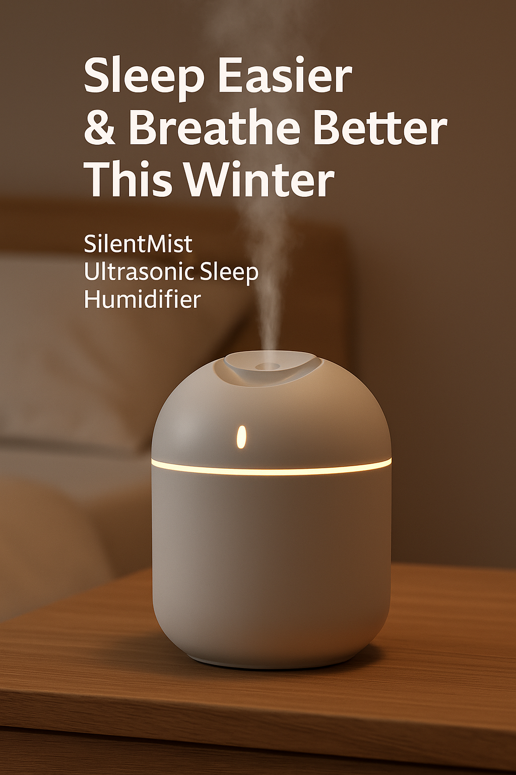 SilentMist ultrasonic sleep humidifier on a wooden surface with text about improved sleep and breathing.